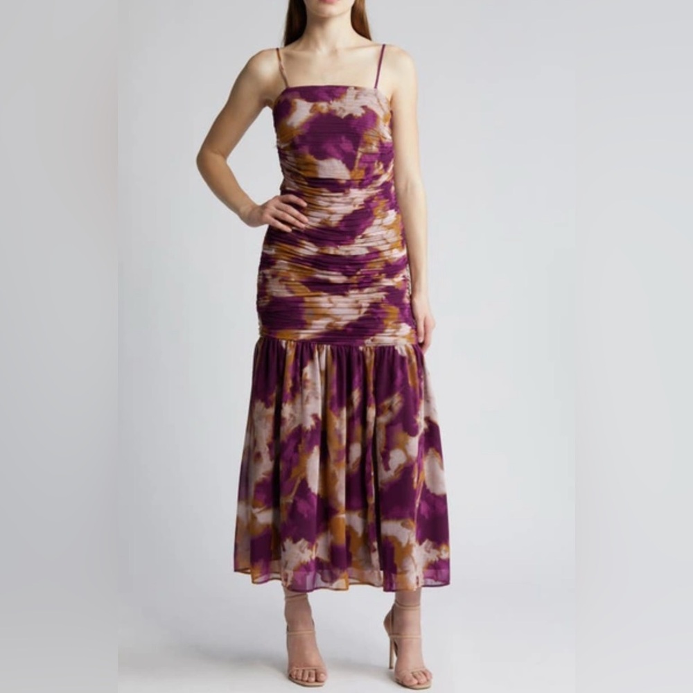 CHELSEA28 - Abstract Print Ruched Dress In Purple Multi Mineral Diffuse - Size S